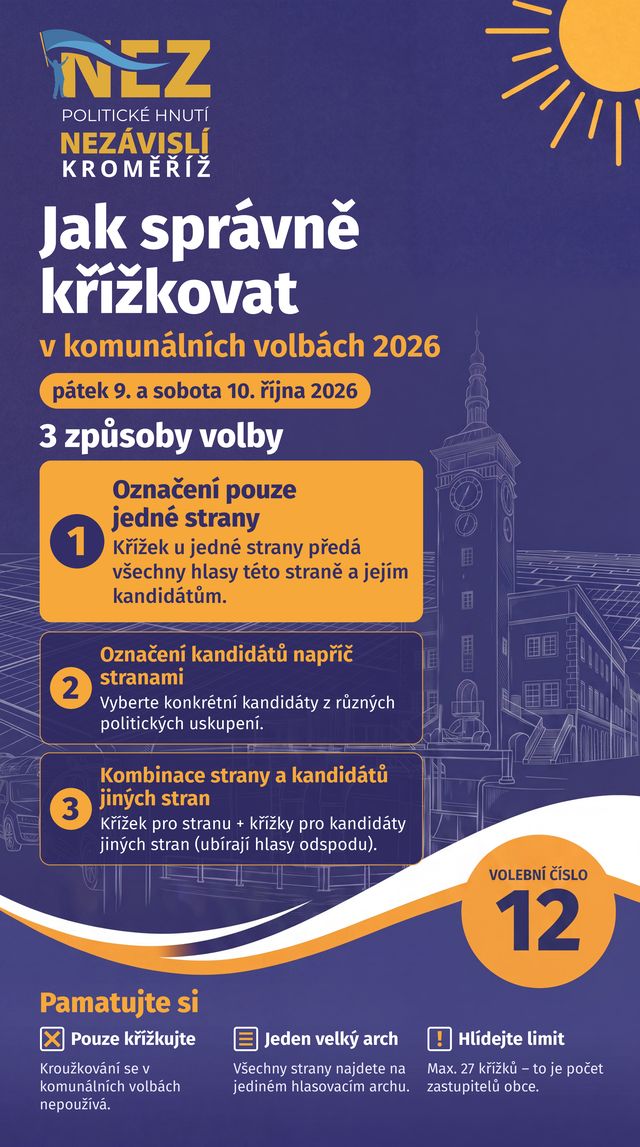 Leták Jak správně křížkovat v komunálních volbách 2026 — tři způsoby volby a volební číslo 12